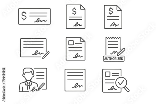 Financial Signature Icons. Line style icons of financial signatures: bank check with signature, loan document signed, signature