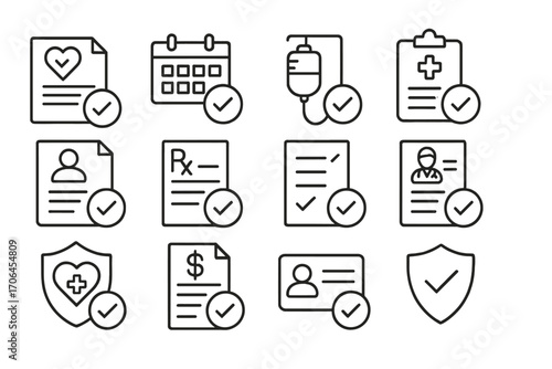 Medical Approval Icons. Line style icons of medical approvals: approved insurance claim, confirmed appointment, accepted treatment