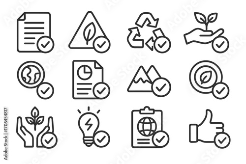 Eco Project Approval Icons. Line style icons of environmental project approvals: permit approved paper, green alert eco symbol,