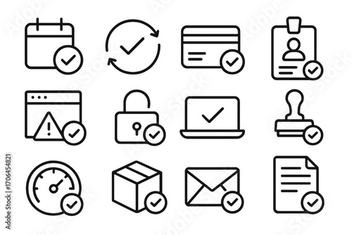 Subscription Approval Icons. Line style icons of subscription and service approvals: plan active icon, service renewed,