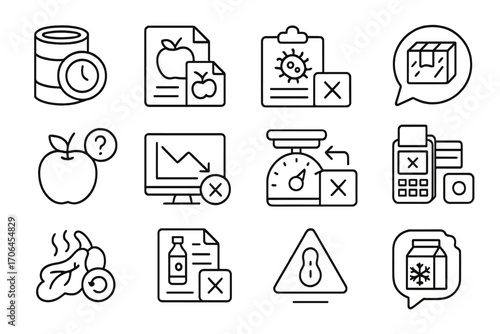 Food Complaint Icons. Line style icons of food and grocery complaints: expired item icon, wrong product file, food poisoning