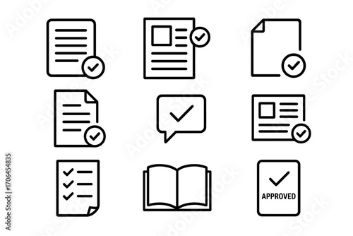 Publishing Approval Icons. Line style icons of publishing and manuscript approvals: accepted manuscript, article approved, editor