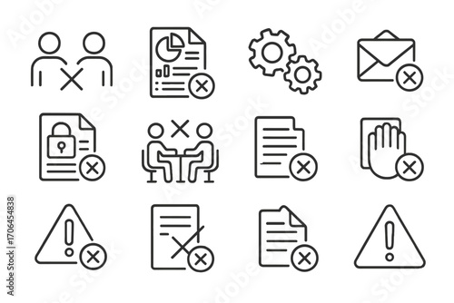 Rejected Business Icons. Line style icons of business proposal rejections: declined partnership, rejected pitch deck, no synergy