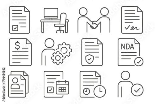 Employment Agreement Icons. Line style icons of employment agreements: employment contract, office with document icon, employee