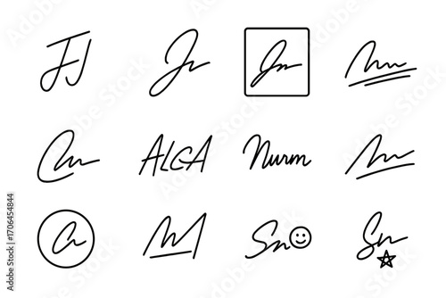 Creative Signature Icons. Line style icons of creative signature styles: initials only signature, tall swooping signature, boxed