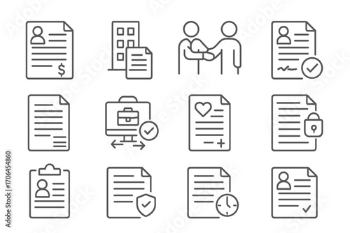 Employment Agreement Icons. Line style icons of employment agreements: employment contract, office with document icon, employee