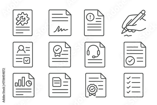 Service Contract Icons. Line style icons of service contracts: maintenance agreement icon, signed service plan, terms and