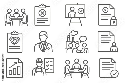 Labor Union Negotiations. Line style icons of labor union negotiations: workers at table, strike negotiation document, employment