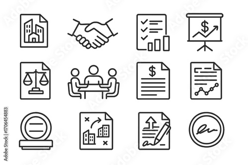 Merger Negotiation Icons. Line style icons of merger and acquisition negotiations: company merge file, corporate handshake, due