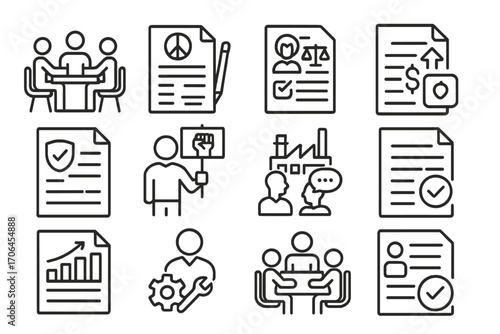 Labor Union Negotiations. Line style icons of labor union negotiations: workers at table, strike negotiation document, employment