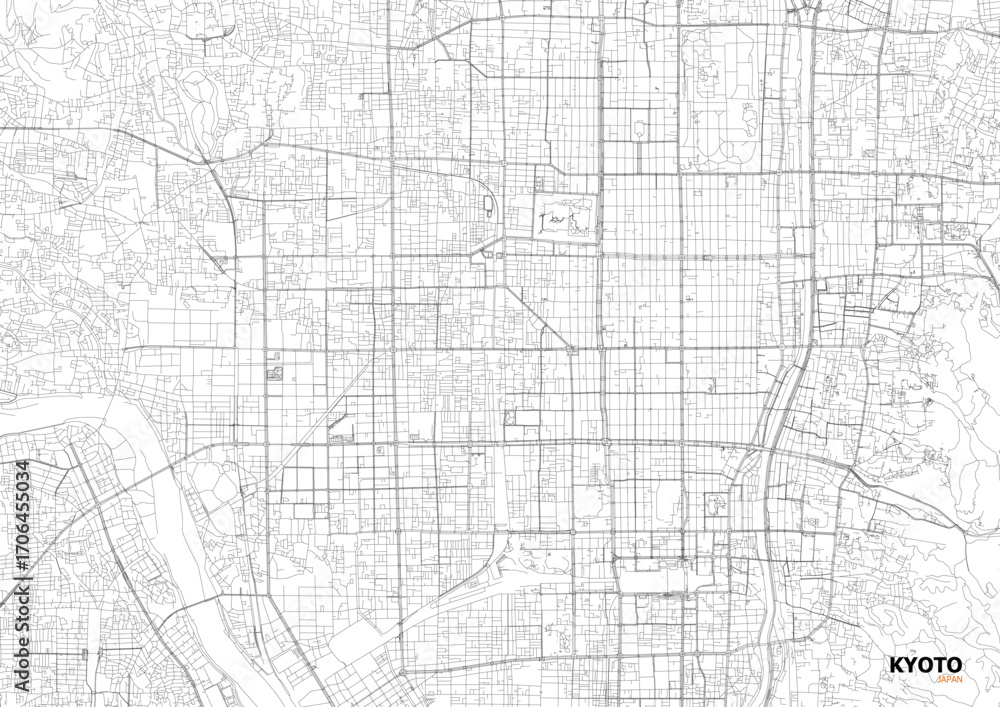 Fototapeta premium A detailed close-up vector map of Kyoto's highway interchange and road network in black and white outline style.