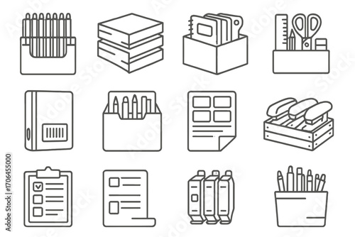 Stationery Line Icons. Line style icons of wholesale stationery and office supply: bulk pens pack, paper ream stacks, box of