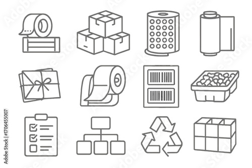 Packaging Materials Icons. Line style icons of wholesale packaging materials: tape roll crate, cardboard box stacks, bubble wrap