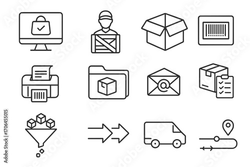 Order Fulfillment Icons. Line style icons of order fulfillment: order received icon, supplier processes request, product packaging
