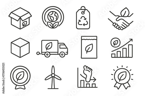 Eco-Friendly Dropshipping Icons. Line style icons of environmental sustainability in dropshipping: eco packaging icon,