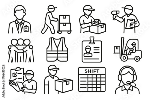 Warehouse Personnel Icons. Line style icons of warehouse personnel: warehouse manager badge, picker with bin cart, packer sealing