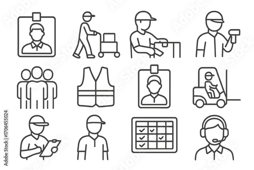 Warehouse Personnel Icons. Line style icons of warehouse personnel: warehouse manager badge, picker with bin cart, packer sealing