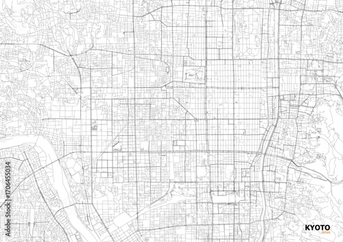 A detailed close-up vector map of Kyoto's highway interchange and road network in black and white outline style.