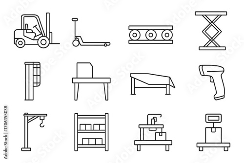 Warehouse Equipment Icons. Line style icons of warehouse equipment: forklift icon, hand pallet truck, conveyor belt system,