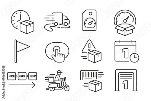 Same-Day Fulfillment Icons. Line style icons of same-day fulfillment: clock with shipping box, express route icon, speed badge on