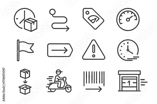 Same-Day Fulfillment Icons. Line style icons of same-day fulfillment: clock with shipping box, express route icon, speed badge on