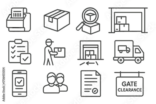 Warehouse Dispatch Icons. Line style icons of warehouse dispatch process: outbound label printing, carton taping icon, final