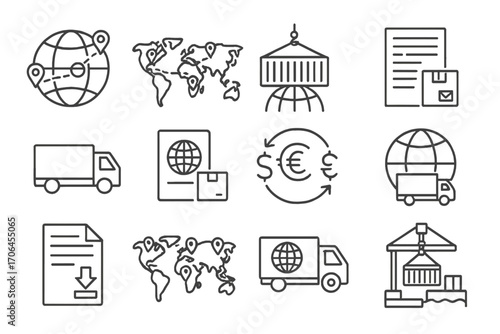 Global Logistics Icons. Line style icons of global logistics: globe with delivery routes, world map logistics chart, shipping