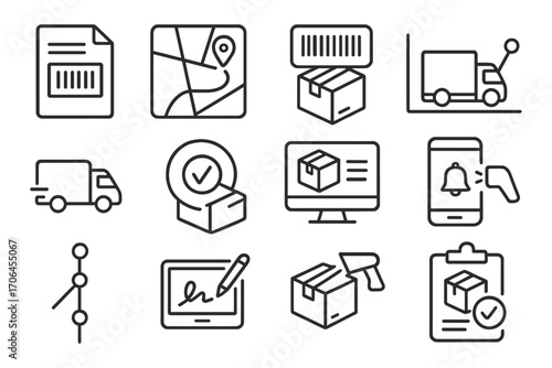 Delivery Tracking Icons. Line style icons of delivery tracking: tracking number file, live route on map, package scan icon,