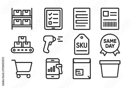 E-commerce Warehouse Icons. Line style icons of e-commerce warehouses: product shelf with boxes, pick list tablet, order batch