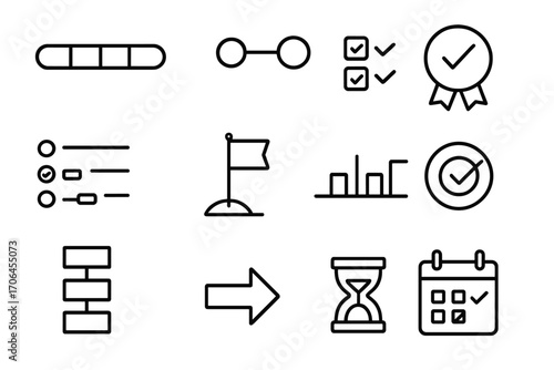 Milestone Tracking Icons. Line style icons of milestone tracking: progress bar with steps, stage indicator circles, task
