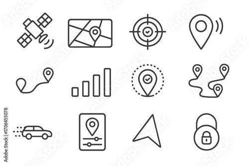 GPS Tracking Icons. Line style icons of GPS tracking: satellite with location wave, GPS map screen, target pin icon, live location