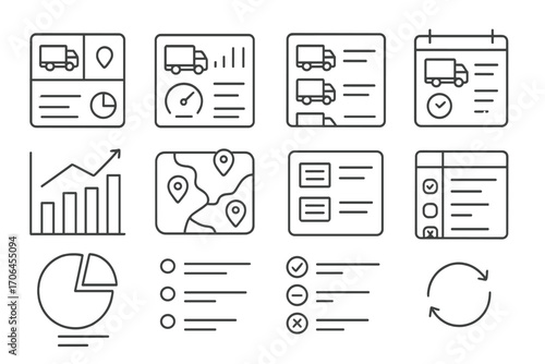 Logistics Dashboard Icons. Line style icons of tracking dashboards: logistics overview panel, delivery KPIs screen, multi-order