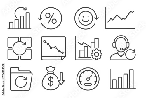Refund KPIs Icons. Line style icons of refund KPIs and metrics: average refund time chart, refund rate percentage, customer refund