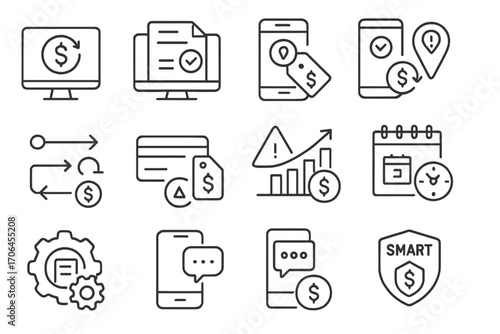 Automatic Refund Icons. Line style icons of automatic refunds: auto-refund process icon, system approved refund, failed delivery