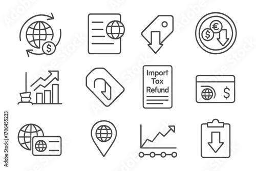 Cross-Border Refund Icons. Line style icons of cross-border refunds: global refund route icon, international receipt file,