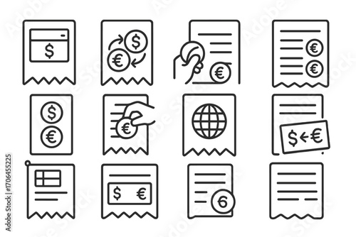 Multi-Currency Receipt Icons. Line style icons of multi-currency receipts: currency selector on receipt, exchange rate note icon,