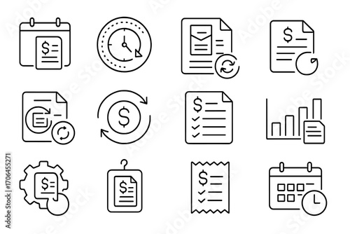 Recurring Invoices Icons. Line style icons of recurring invoices: calendar with invoice icon, scheduled billing badge,