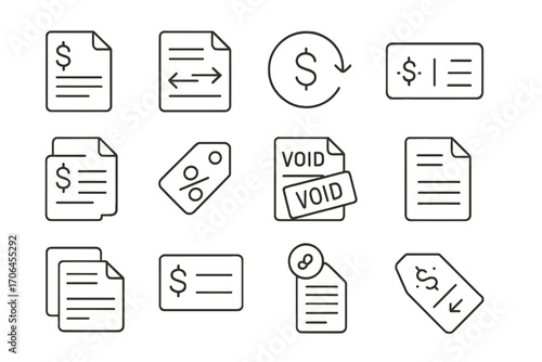 Invoice Adjustment Icons. Line style icons of invoice adjustments and credits: credit note document, corrected invoice with arrows