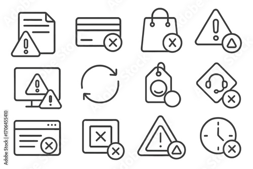 Failed Order Icons. Line style icons of failed orders: order failed alert, declined payment icon, out-of-stock error symbol,