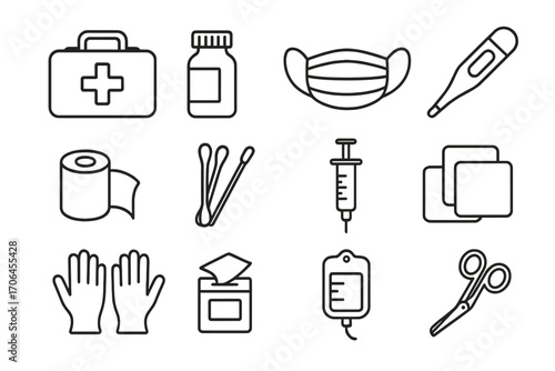 Medical Supplies Icons. Line style icons of medical supplies: first aid kit icon, pill bottle, surgical mask, thermometer device;