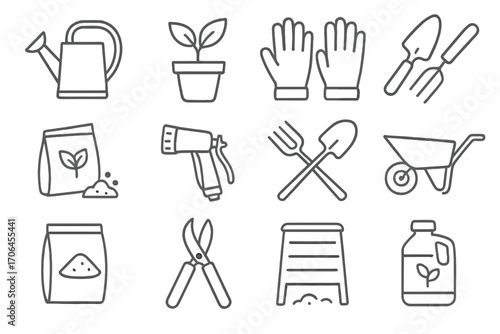 Gardening Supply Icons. Line style icons of gardening supplies: watering can icon, potted plant, gardening gloves, hand trowel;
