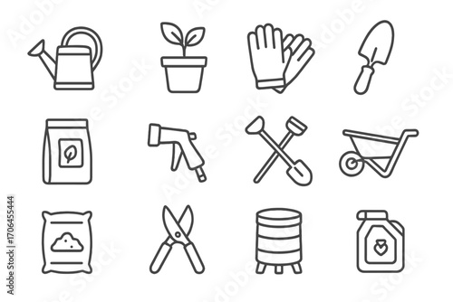 Gardening Supply Icons. Line style icons of gardening supplies: watering can icon, potted plant, gardening gloves, hand trowel;