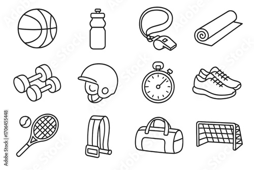 Sports Equipment Icons. Line style icons of sports supplies: basketball icon, water bottle, whistle on lanyard, yoga mat rolled;