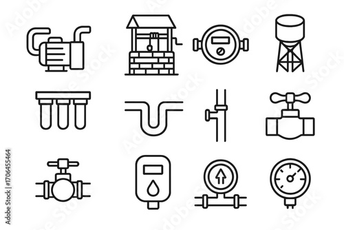 Water Supply Icons. Line style icons of water supply systems: water pump, well system, water meter, tank tower; filter unit,