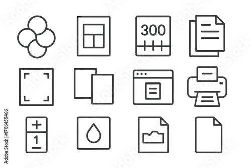 Printing Icons Collection. Line style icons of printing options & settings: color mode, page layout, print resolution, page range;