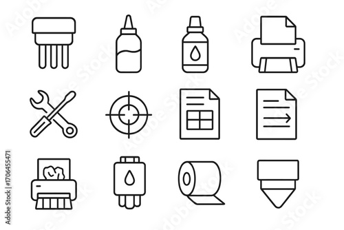 Printing Tools Icons. Line style icons of printing tools and accessories: print head, toner refill, ink bottle, paper feeder;