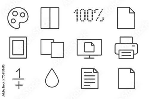 Printing Icons Collection. Line style icons of printing options & settings: color mode, page layout, print resolution, page range;