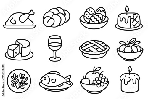 Easter Feast Icons. Line style icons of Easter foods and feasts: lamb roast, braided bread, colored eggs, honey glaze; cheese