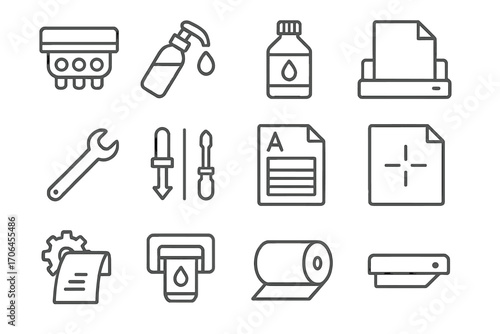 Printing Tools Icons. Line style icons of printing tools and accessories: print head, toner refill, ink bottle, paper feeder;