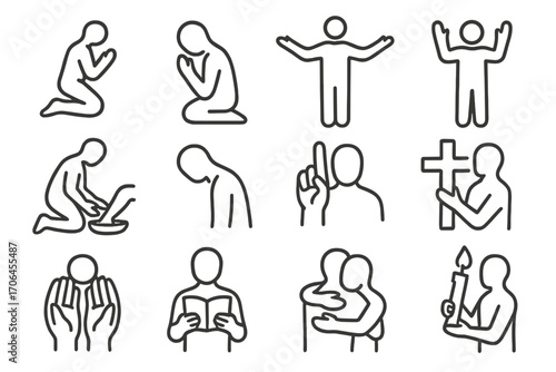 Sacred Easter Icons. Line style icons of sacred Easter gestures: kneeling, praying, open arms, hands raised; feet washing, head